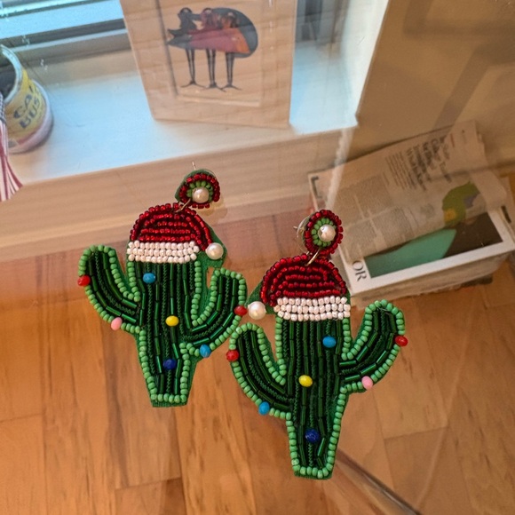 Festive Cactus Beaded Christmas Earrings - Picture 3 of 5